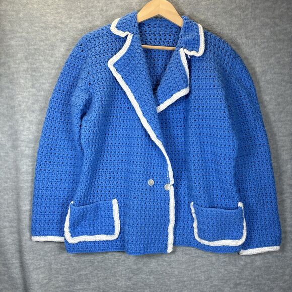 Handmade Crochet Cardigan Jacket Granny Sweater Boho Cottage Unique Blue Artsy - Picture 3 of 11